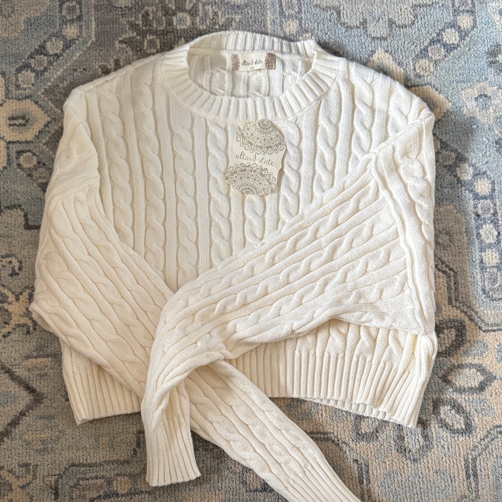 Altar'd State Cream Cable Knit Crewneck Sweater